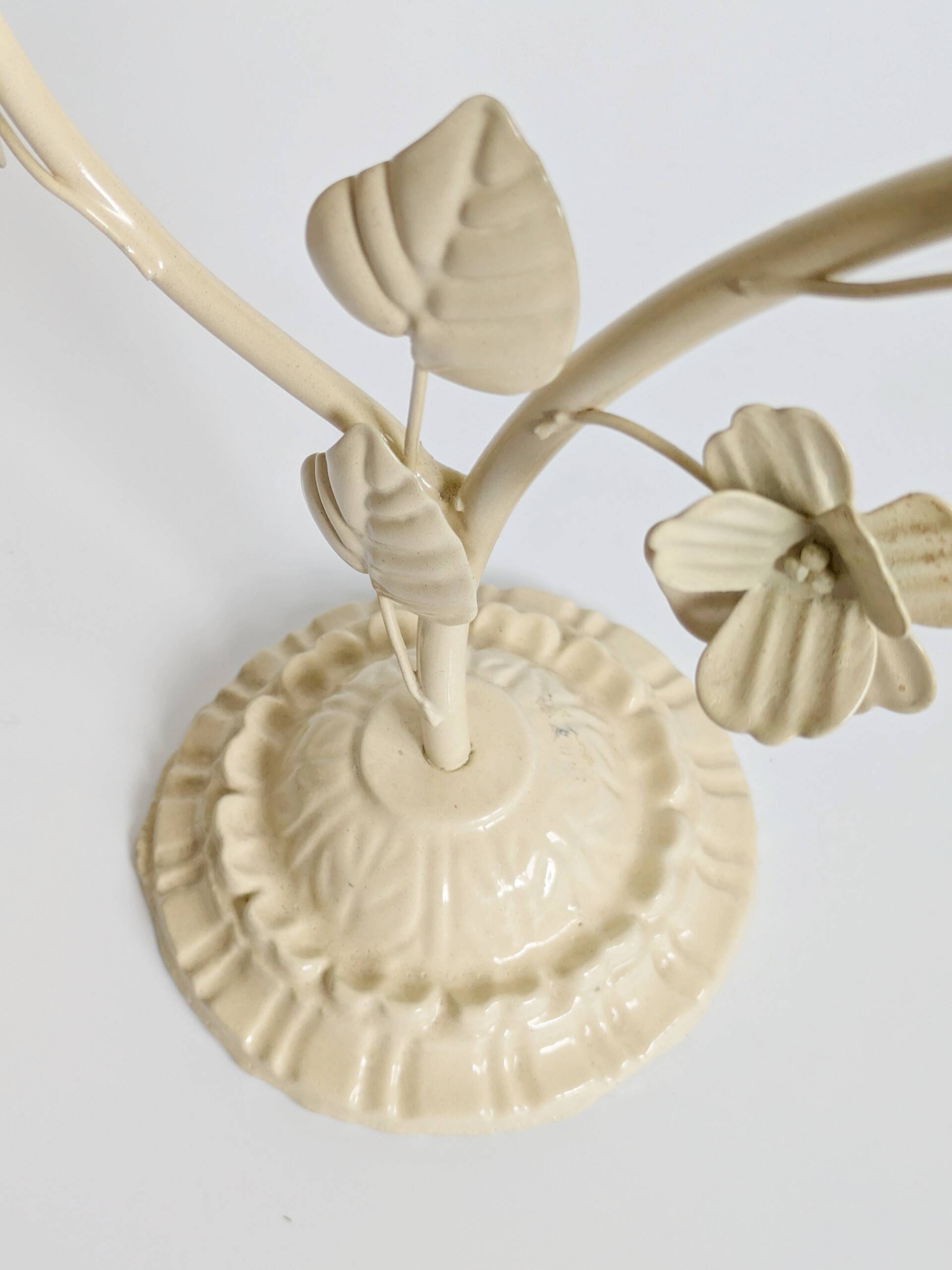 Vintage Italian white painted cast iron candlestick, floral motif, 1970s