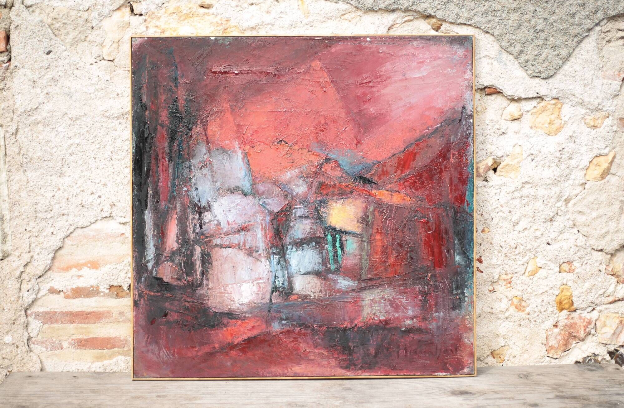 Oil on canvas signed Monique Humbert, abstract composition, wall painting, interior decoration.