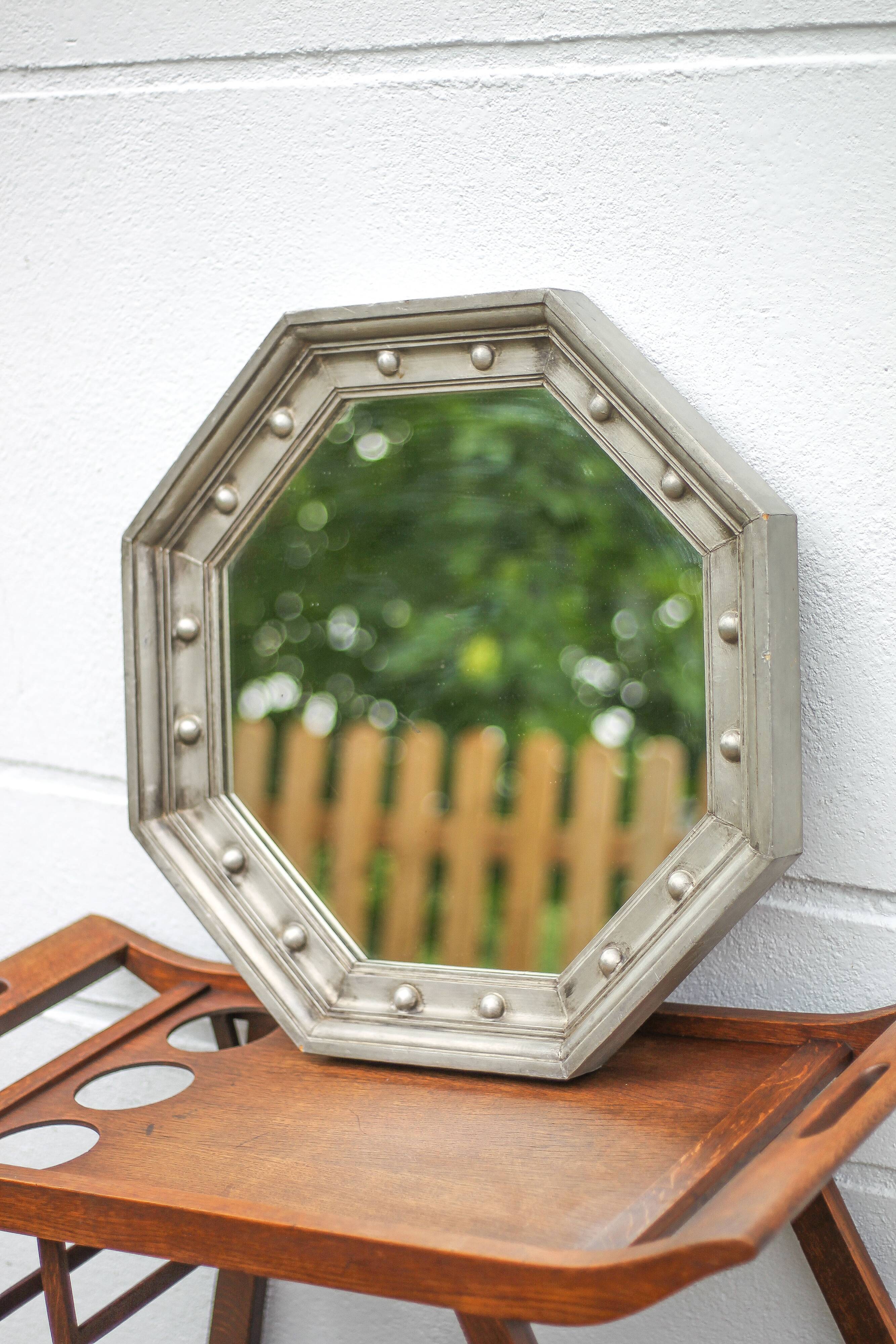 Vintage mirror, wooden mirror covered with tin, tin mirror from the 60s