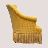 Fauteuil crapaud vintage jaune moutarde velours floqué