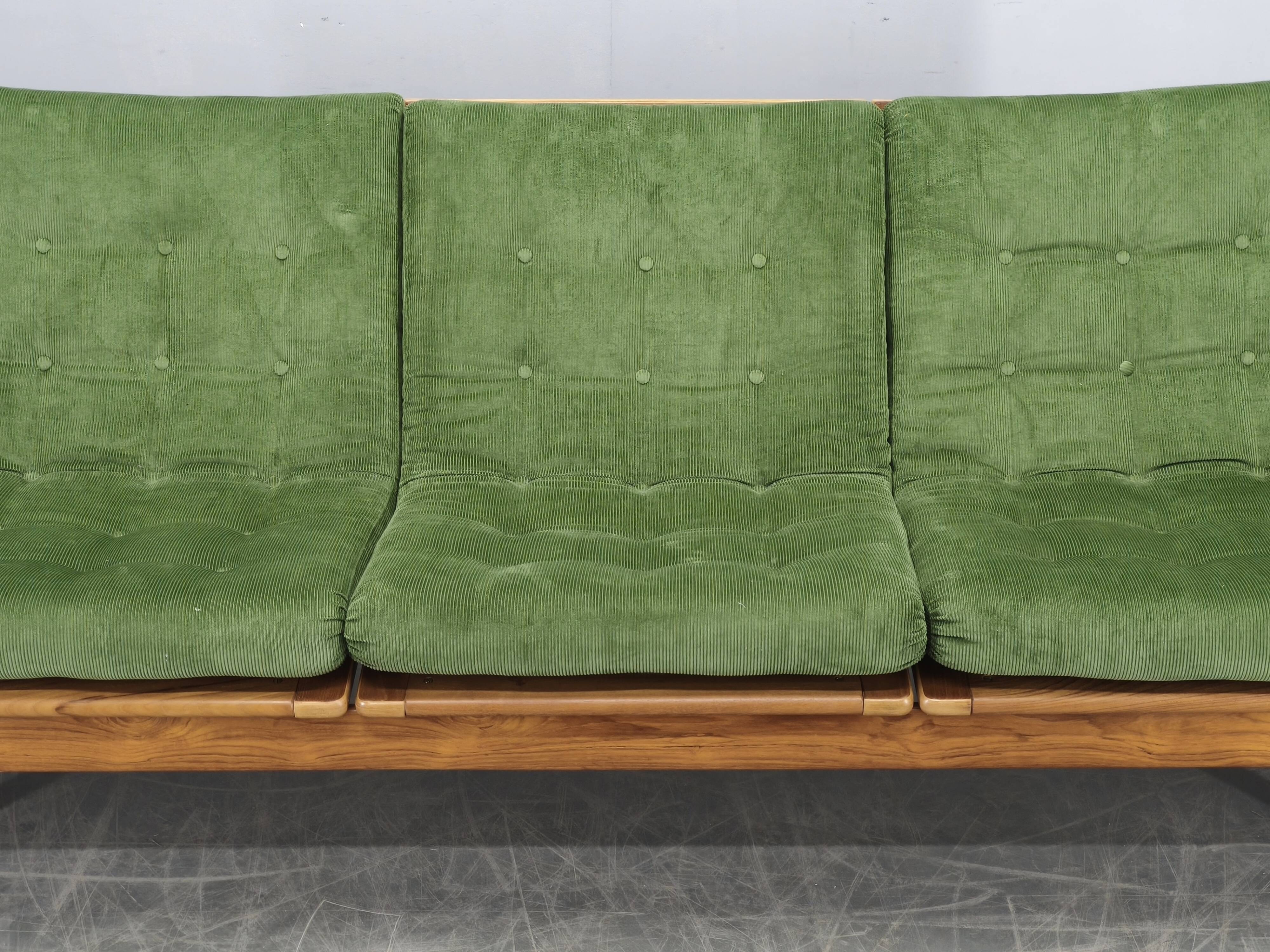Danish Freestanding Teak Sofa in Green Corduroy, 1970s