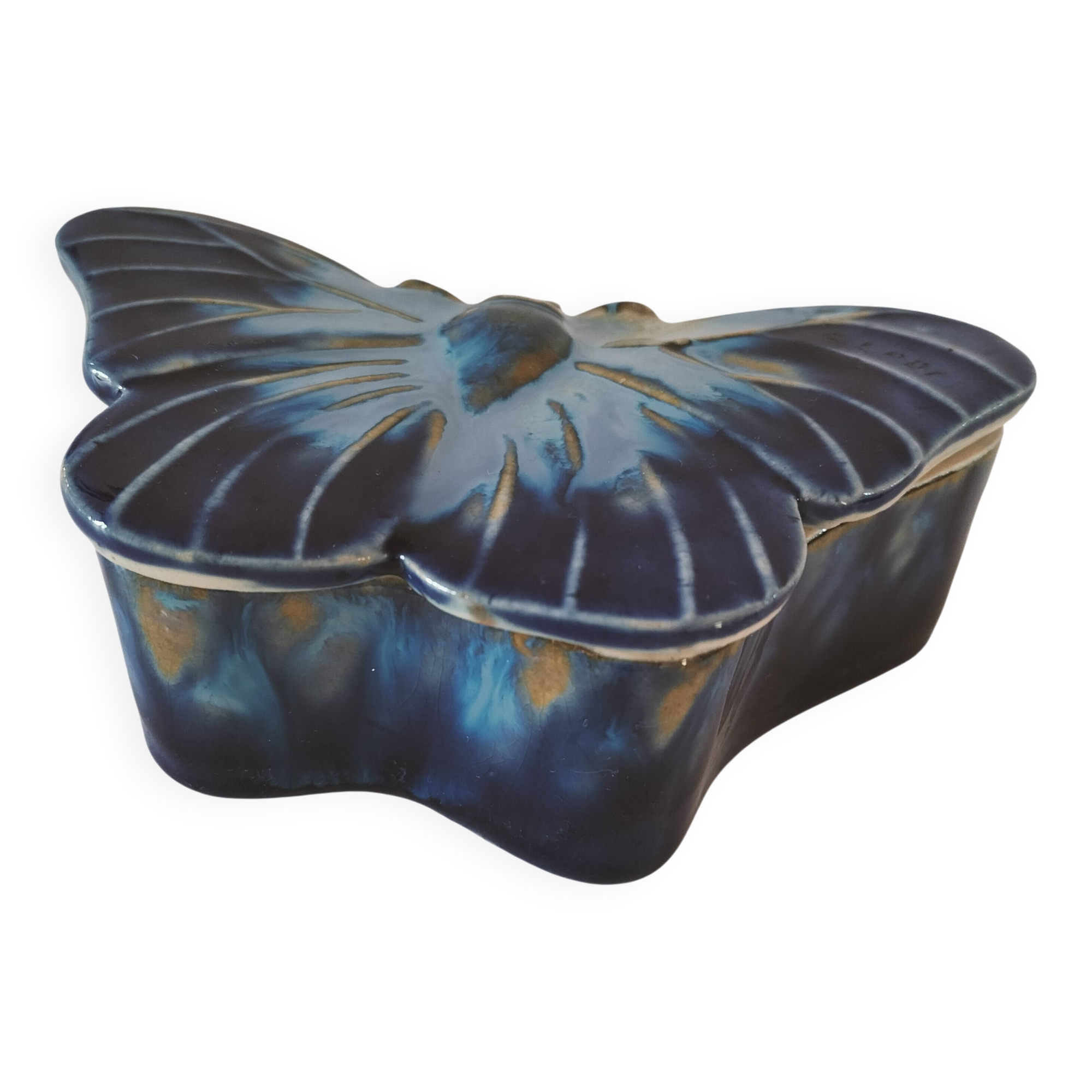 Vintage blue enameled ceramic butterfly box signed alpho