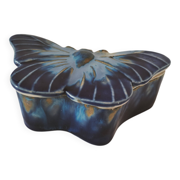 Boîte papillon bleue céramique émaillée vintage signée alpho — Beyit