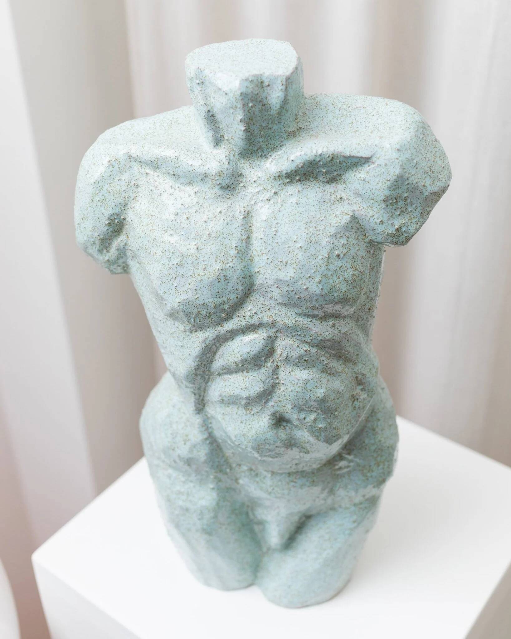 Light blue clay ceramic torso statue – mid-century design sculpture, heavy studio piece