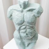 Light blue clay ceramic torso statue – mid-century design sculpture, heavy studio piece