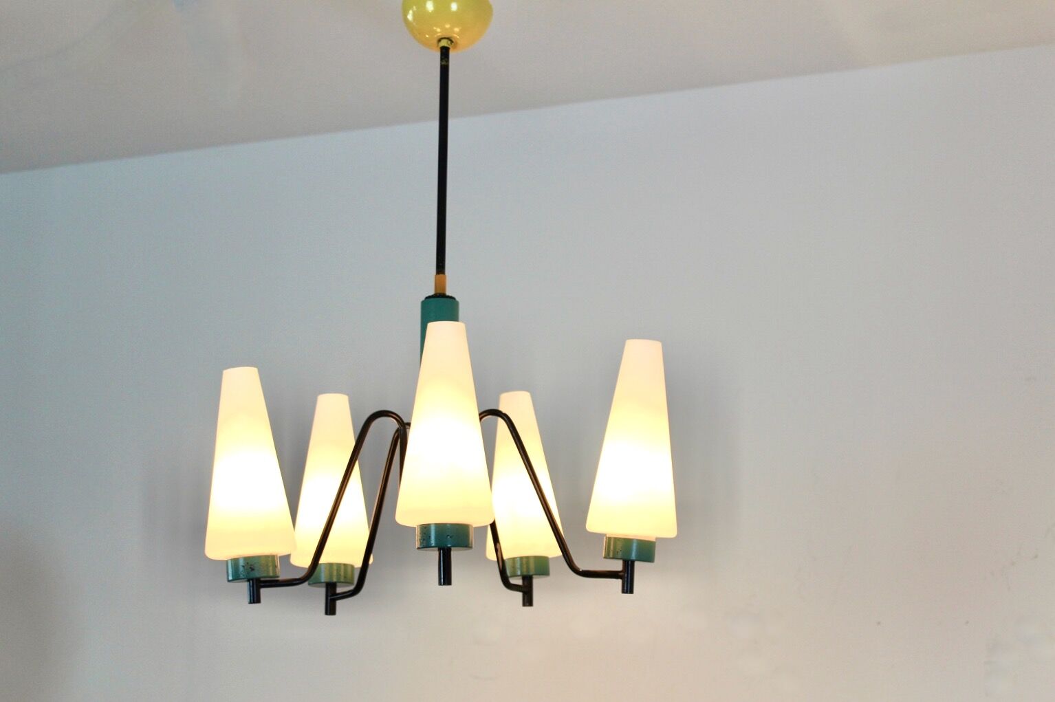 Dutch suspension lamp in wood steel and opaline glass
