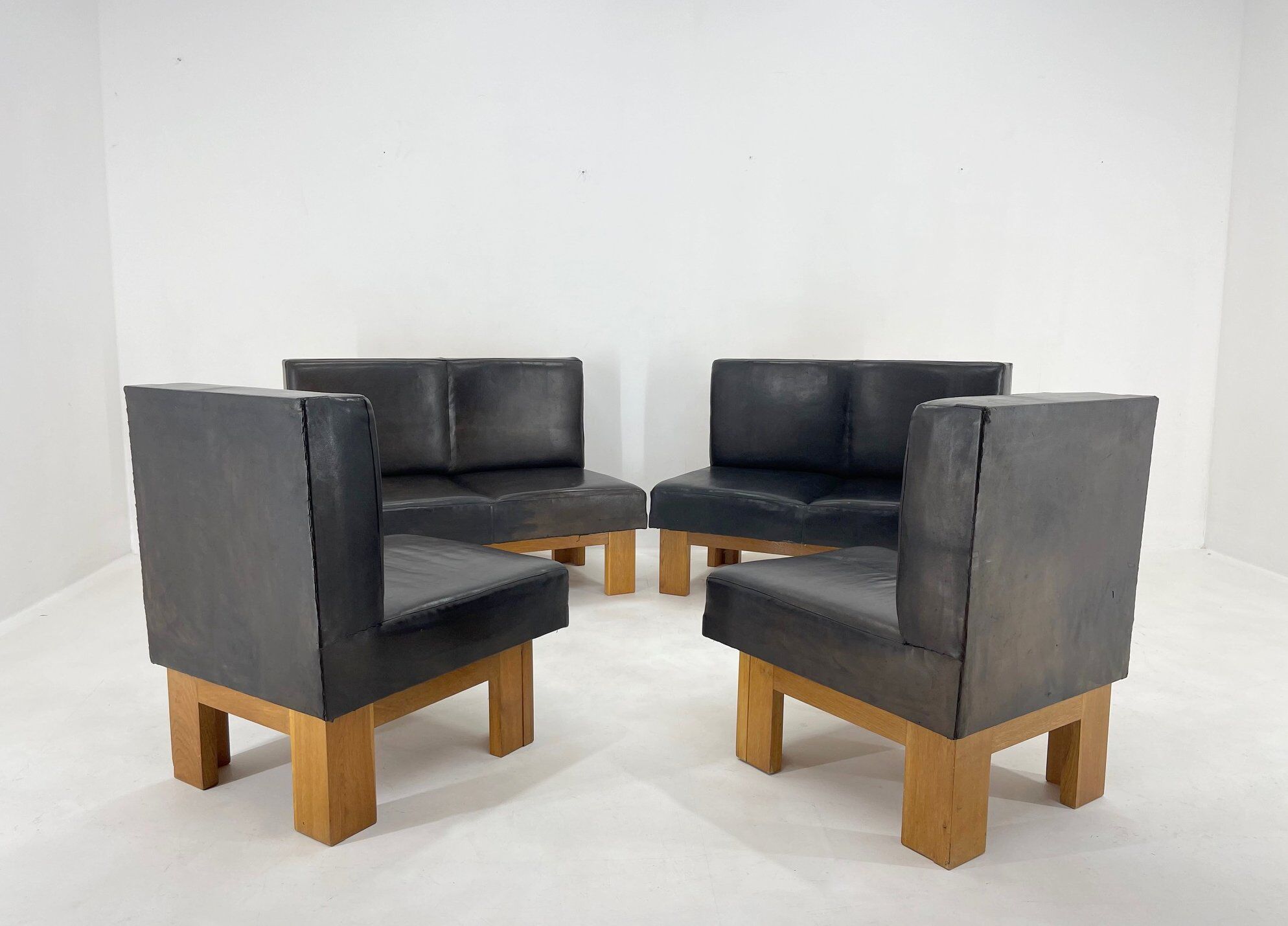 Leather & Oak Wood Modular Sofa and Chairs, 1970's