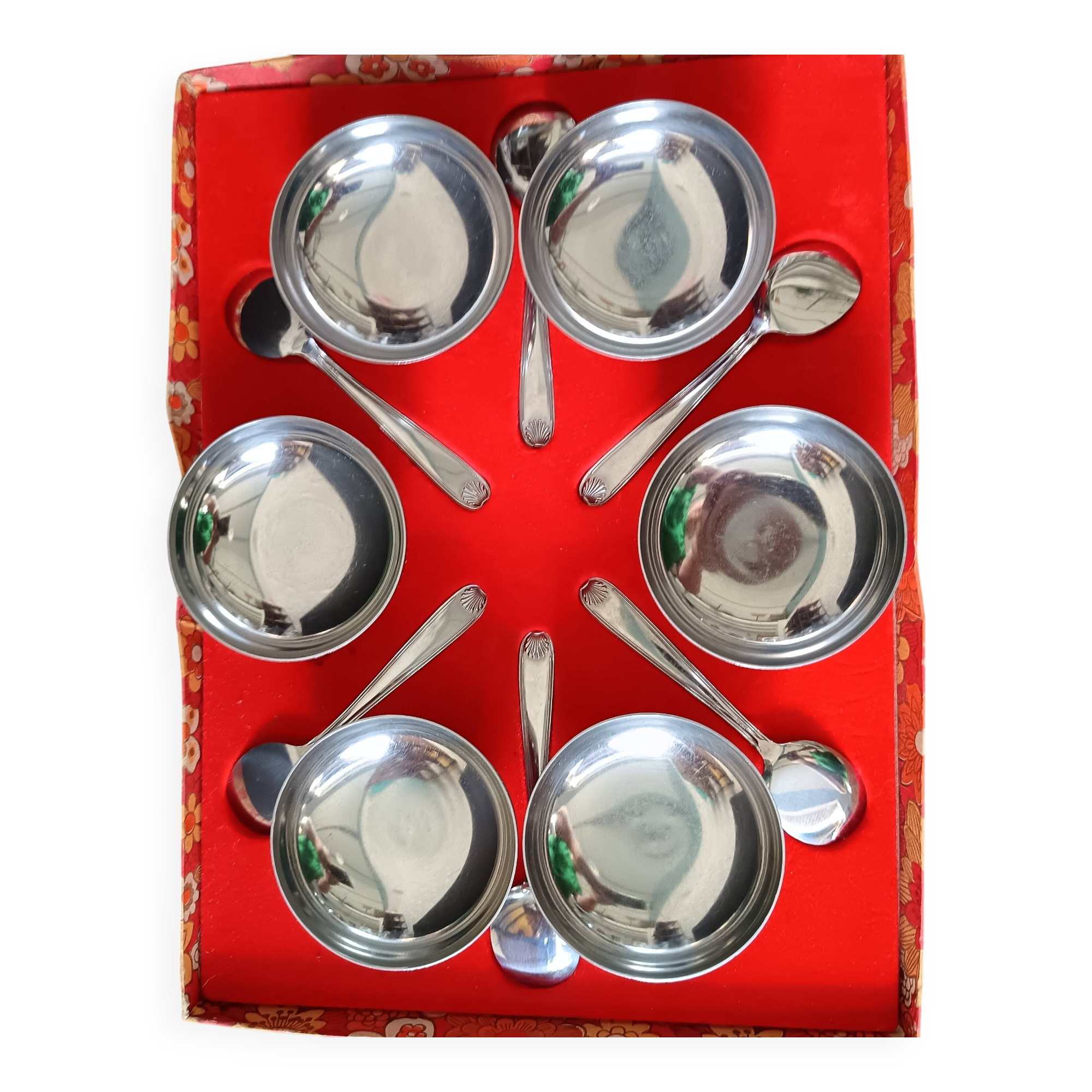 6 coupes à glace et cuillères en acier inoxydable, français, bol inox