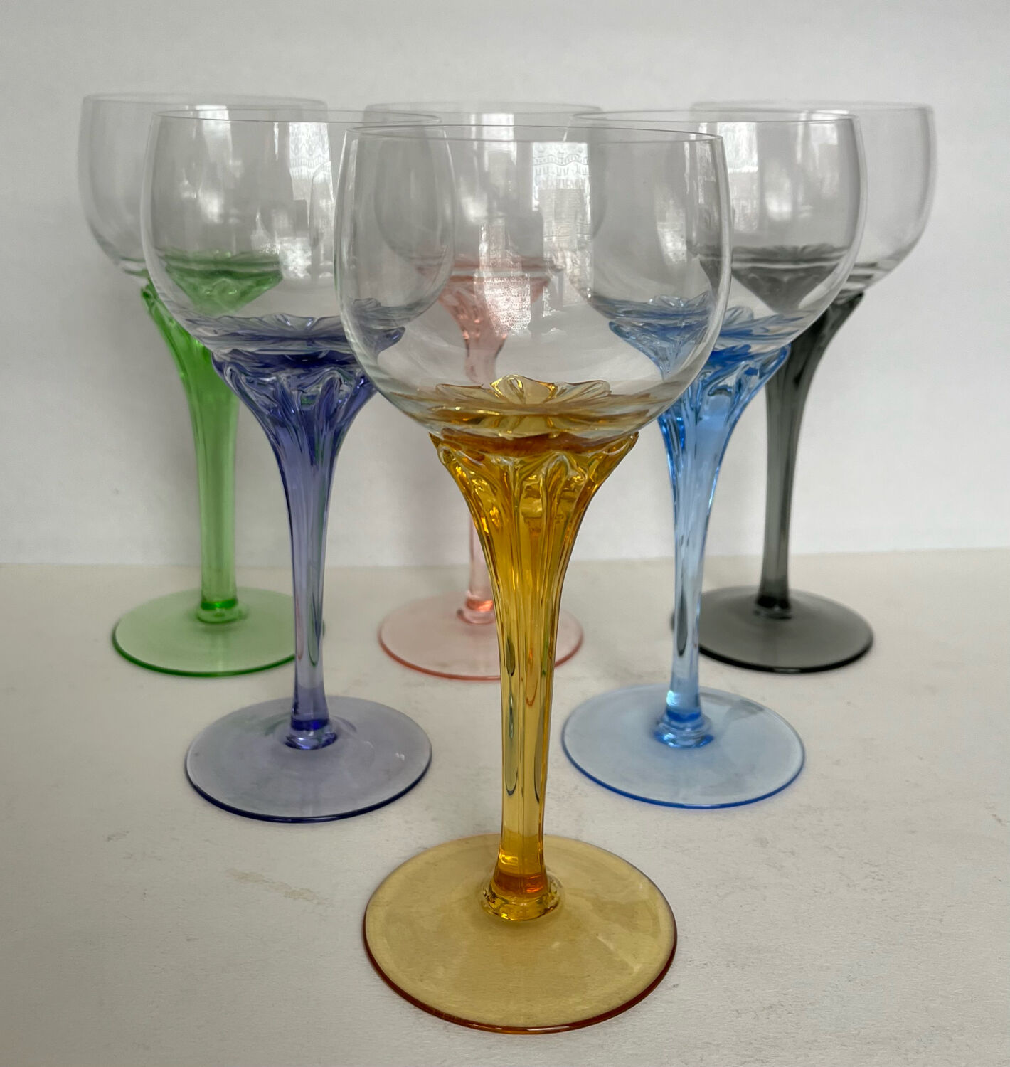 6 coloured glass wine glasses