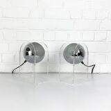 Pair of space age table lamps, chrome sphere and plexiglass, 70s