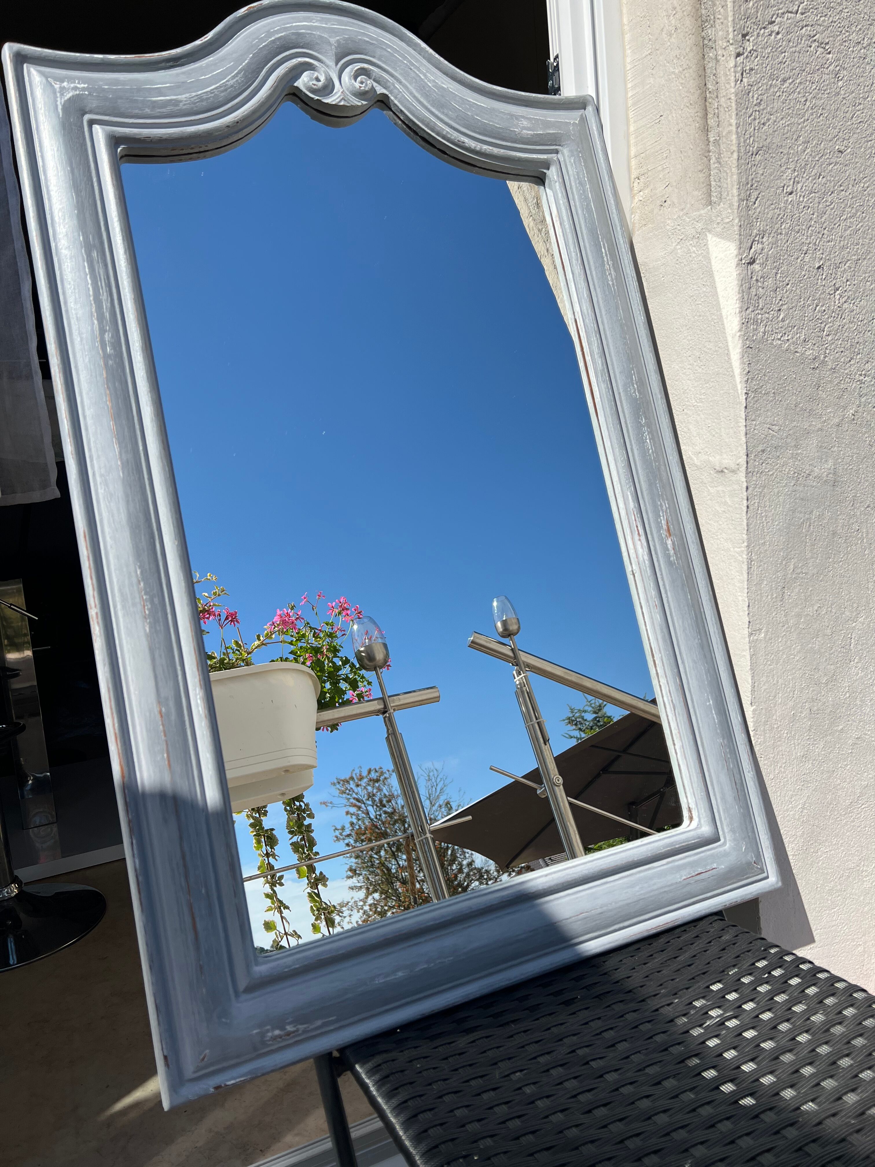 Wood mirror, restyled gray, patinated