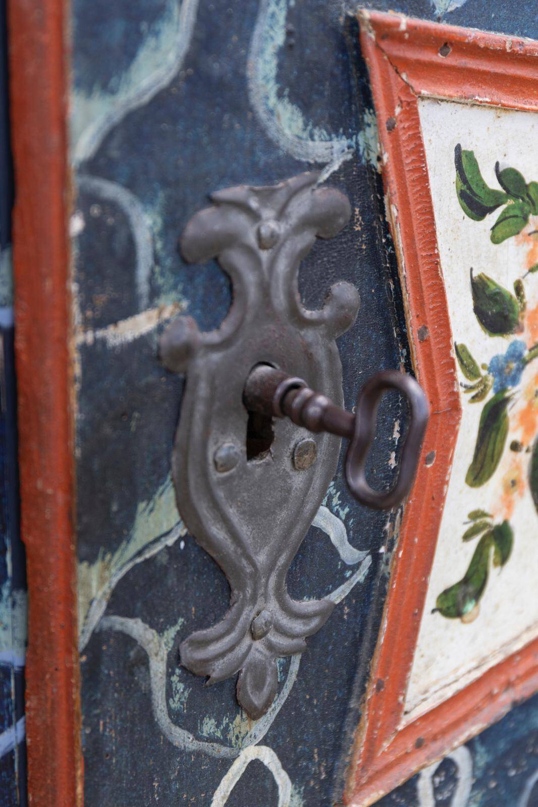 Antique hand-painted Baroque chest folk art cabinet dated solid wood Central Europe, 1865