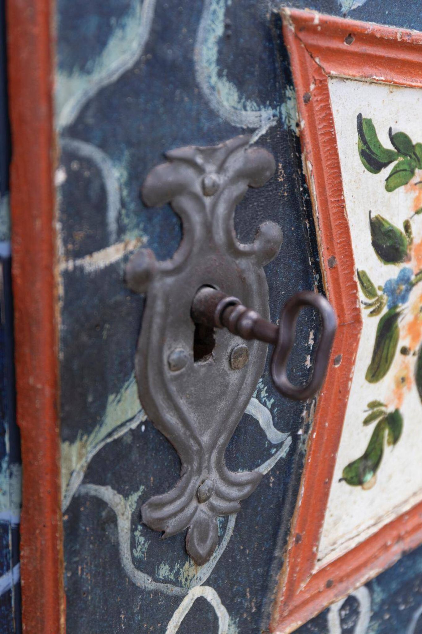 Antique hand-painted Baroque chest folk art cabinet dated solid wood Central Europe, 1865
