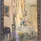 Tableau ancien - Salon fleuri d'une maison bourgeoise