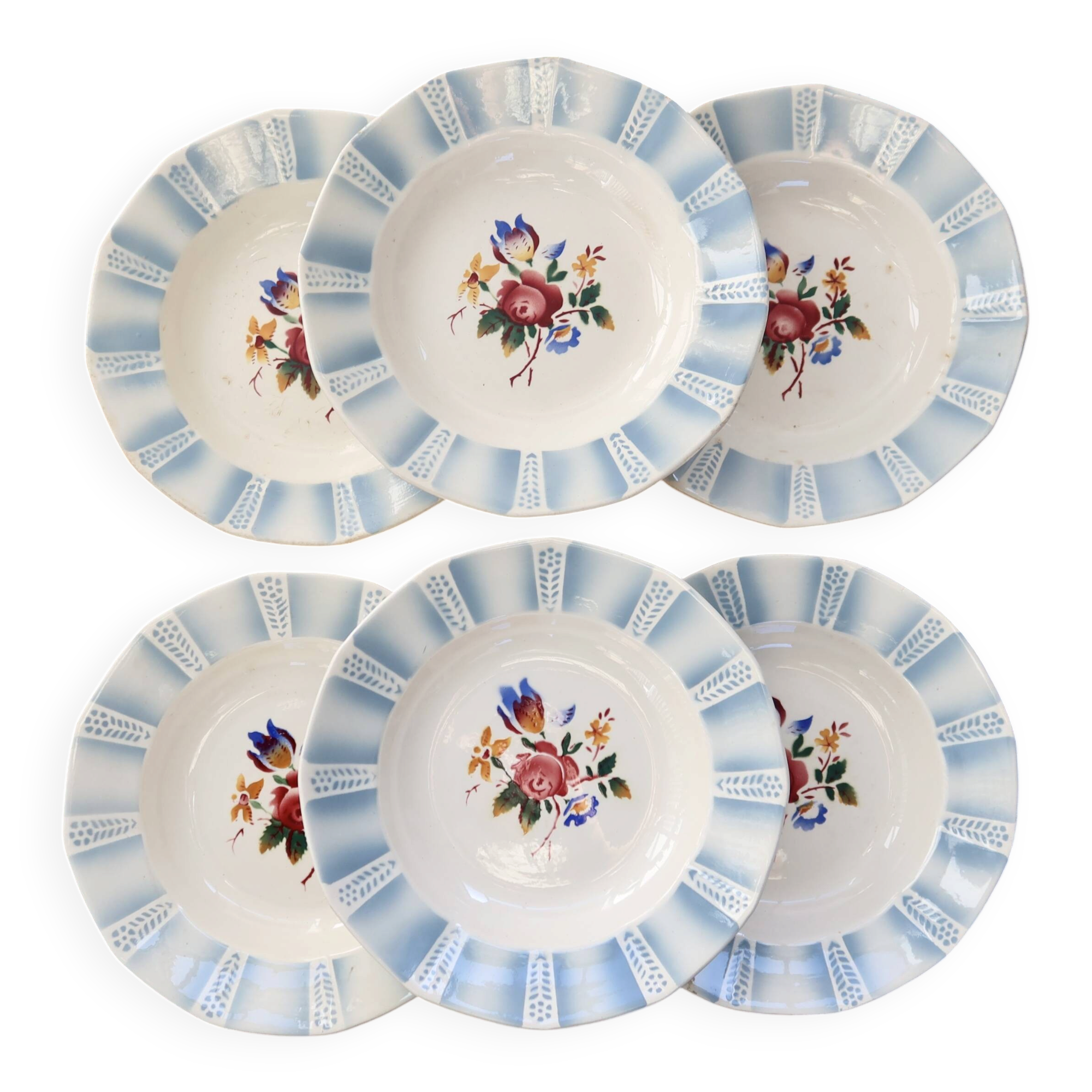 6 vintage Sarreguemines "Claude" deep plates - Earthenware with floral decoration