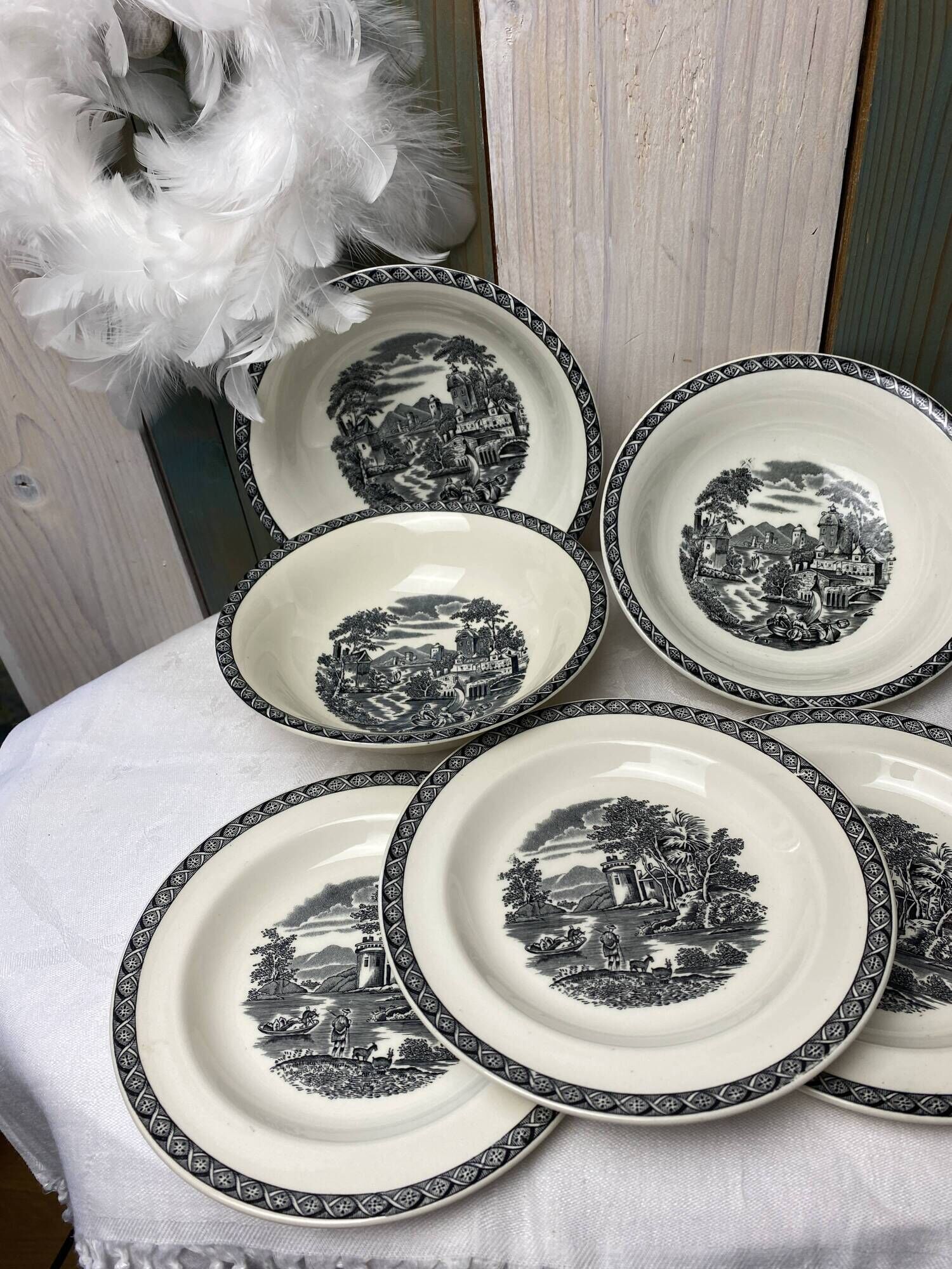 Set of 3 large cups and 3 old Wedgwood Lugano model bread plates