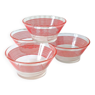 4 "red stripes" bowls Veropa glassware du Gier, 1980