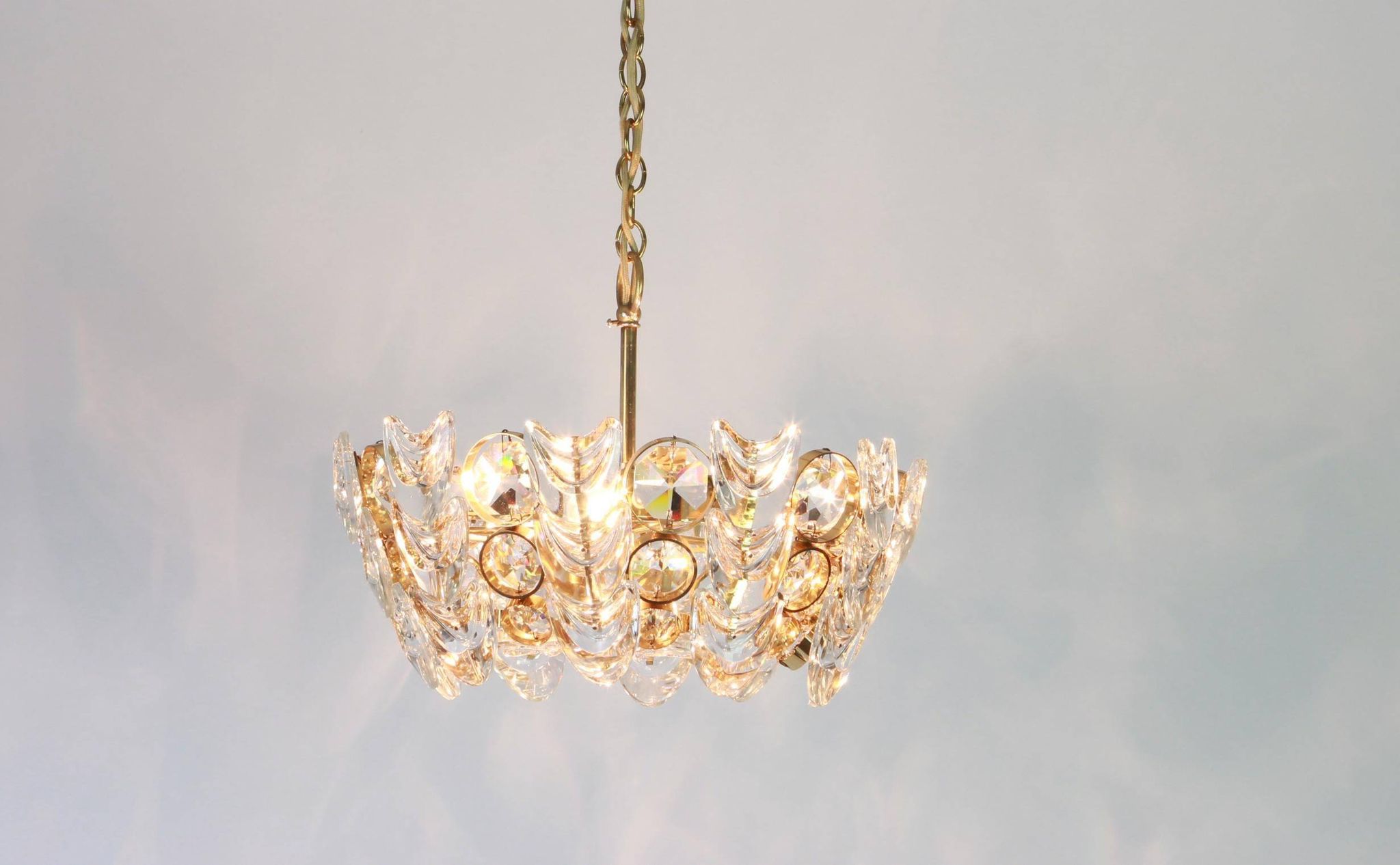 Small golden brass suspension with crystal glass inlay by Palwa, Germany, 1970s.