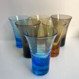 Set of 6 colored and engraved design shot glasses 60s-70s