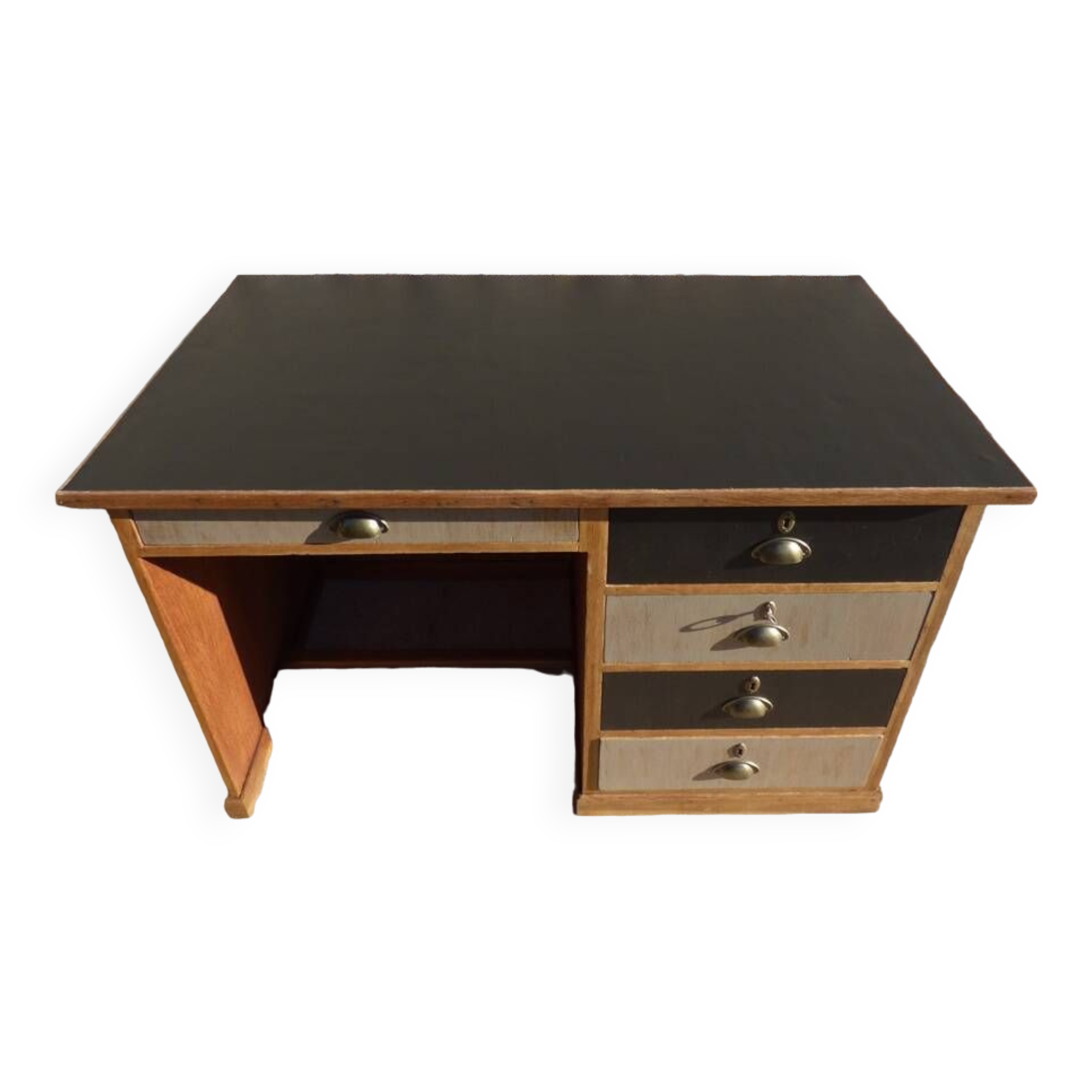 Large wooden desk with 5 drawers and a black faux leather top - Completely revamped.
