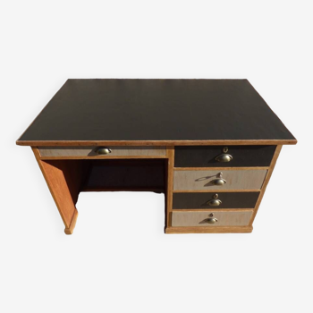 Large wooden desk with 5 drawers, black faux leather top - Completely revamped