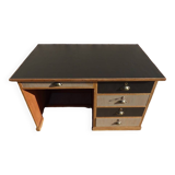 Grand bureau en bois à 5 tiroirs dessus simili cuir noir -Totalement relooké