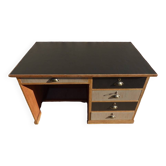 Large wooden desk with 5 drawers and a black faux leather top - Completely revamped.