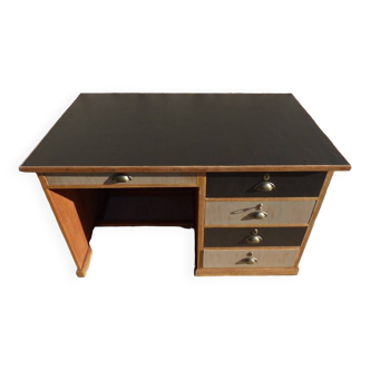 Grand bureau en bois à 5 tiroirs dessus simili cuir noir -Totalement relooké