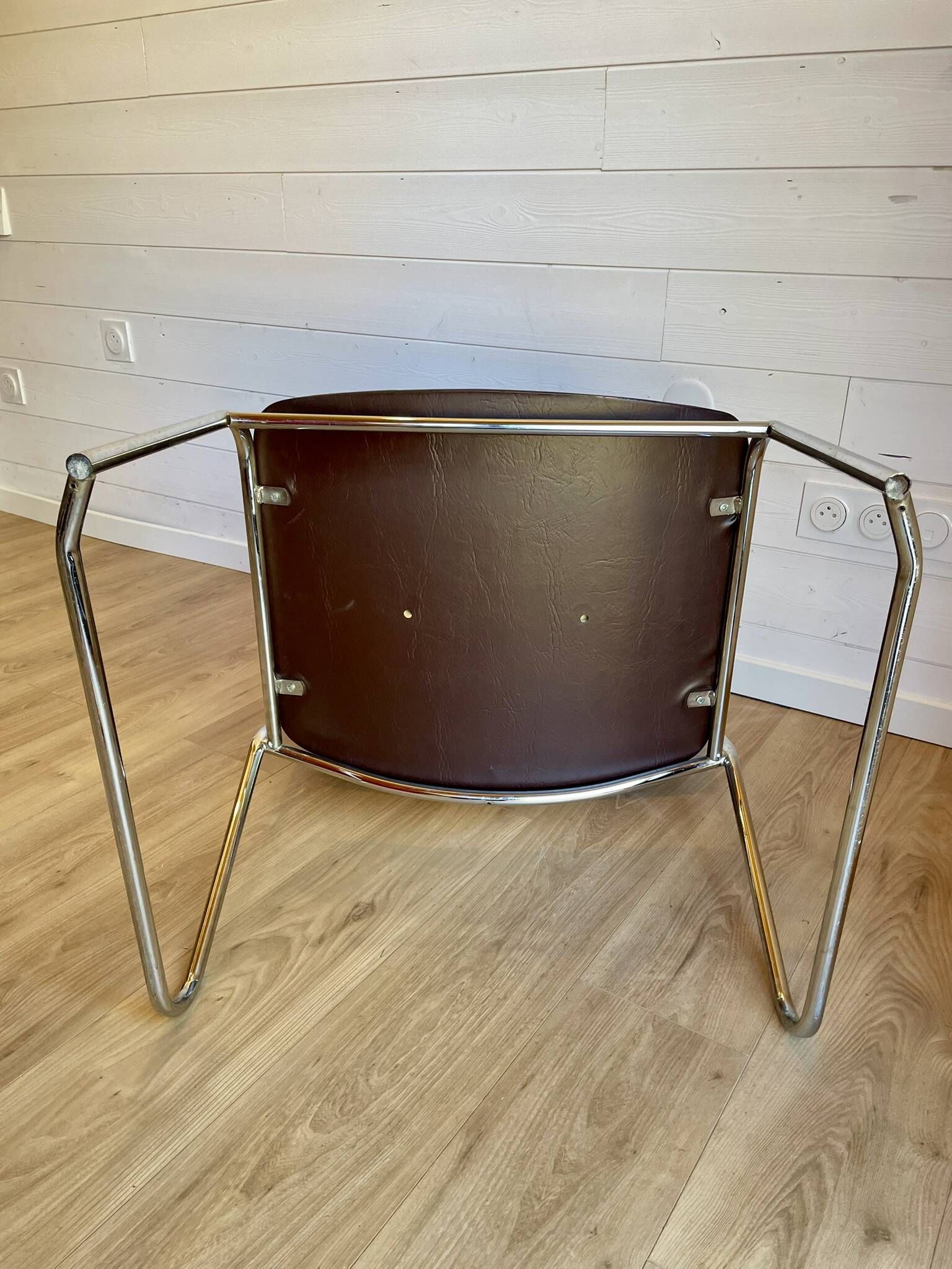 6 chrome sled armchairs Soudexvinyl brown vintage Skaï 70s