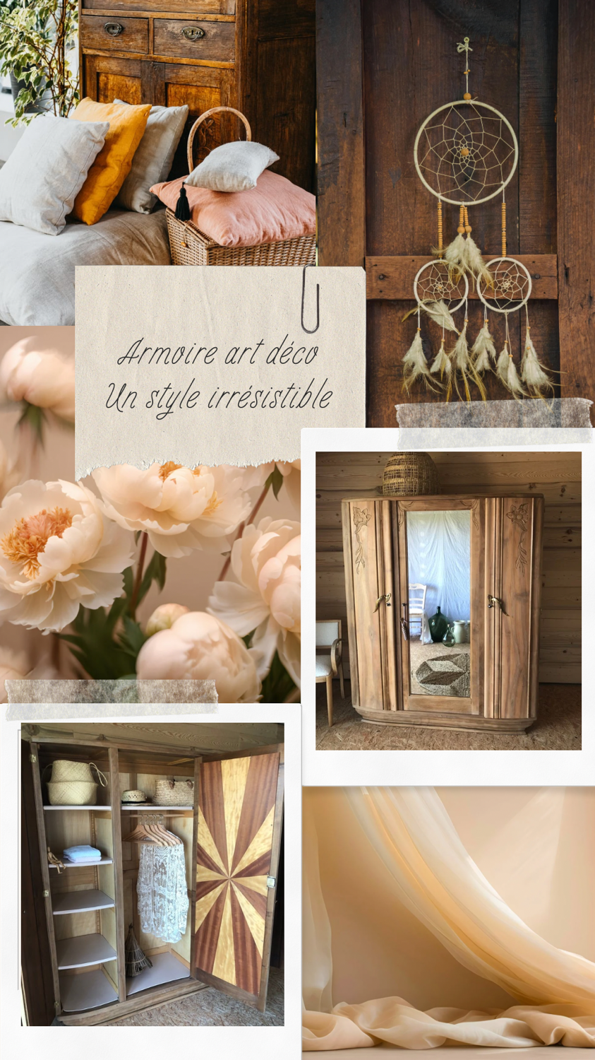 Art Deco wardrobe, solid wood and beveled mirror