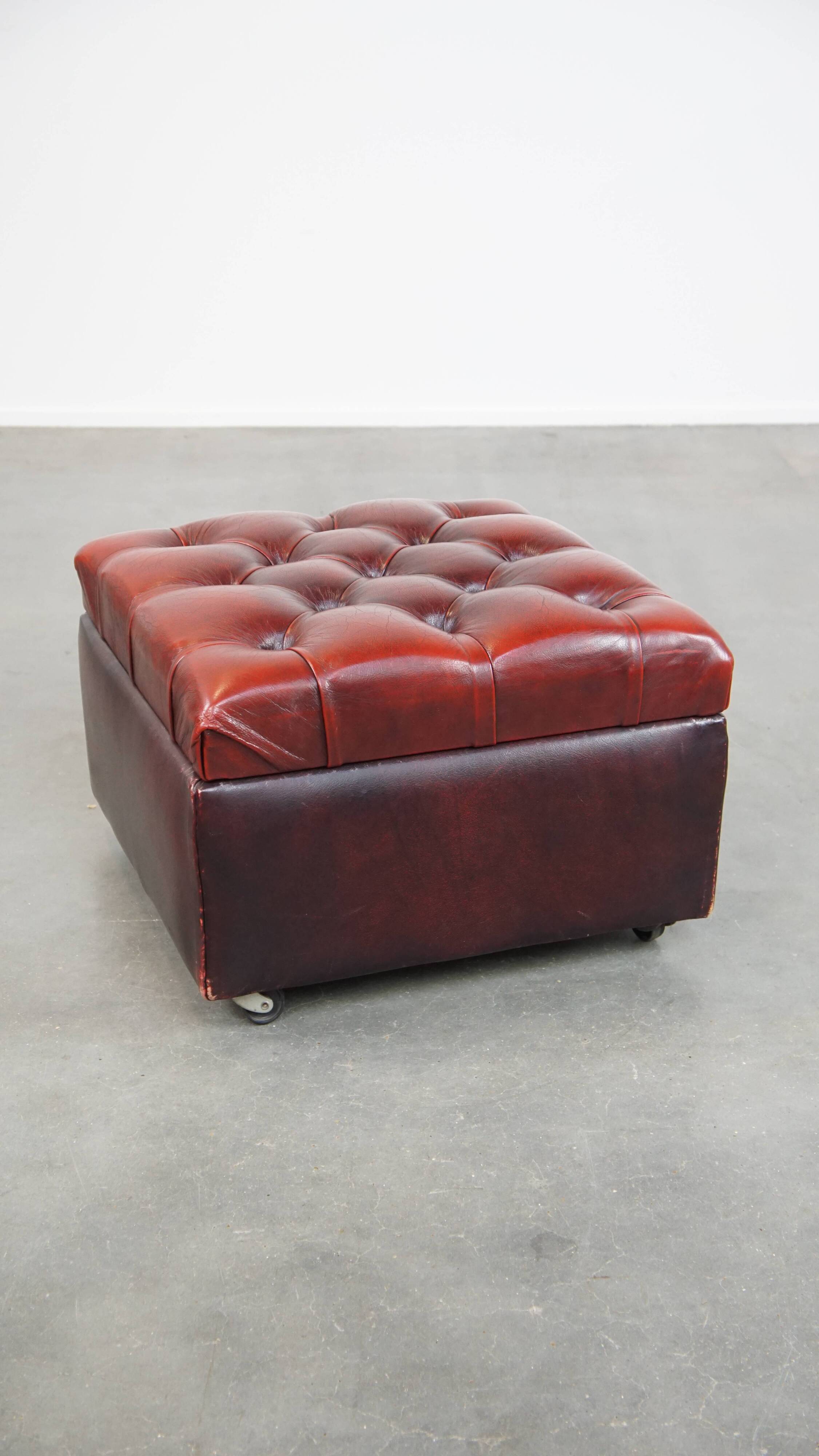 Red cow leather square chesterfield ottoman/storage pouf