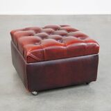 Red cow leather square chesterfield ottoman/storage pouf