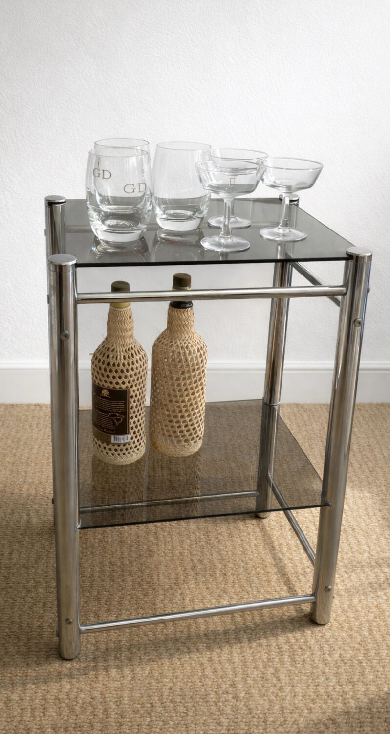 Chrome metal and glass side table