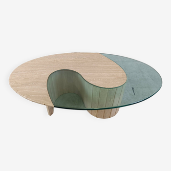 Table basse en travertin et verre années 1970, Italie