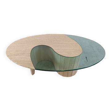 Table basse en travertin et verre années 1970, Italie