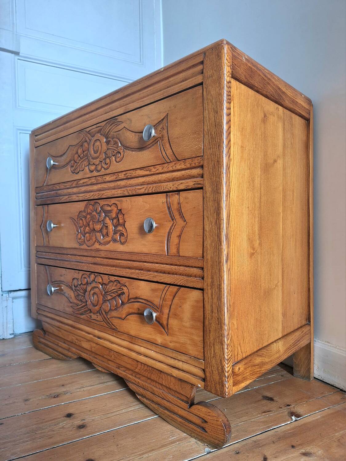 Art deco chest of drawers with wooden top, vintage antique furniture