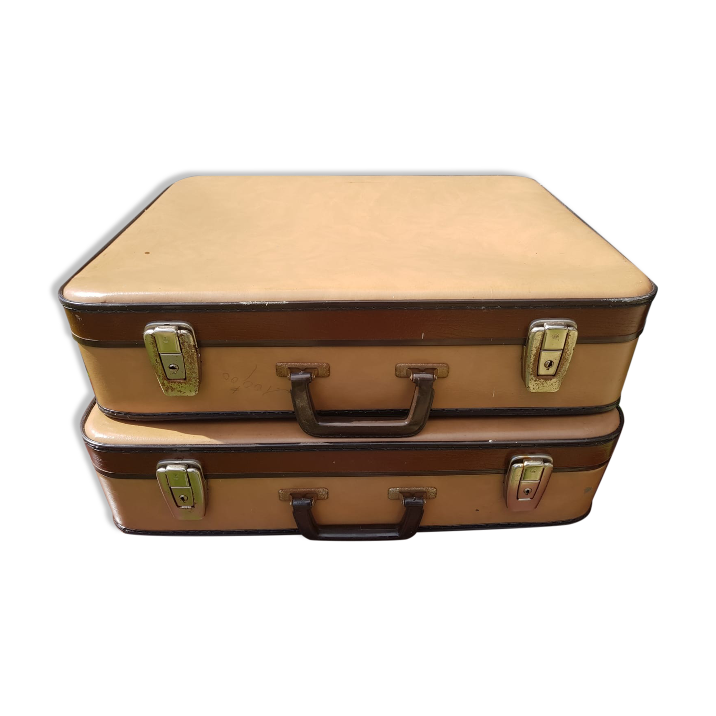 Paire ancienne valise carton marron & beige avec anse bakélite vintage