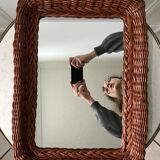 Large rattan mirror and dark wood 60s 36x50cm