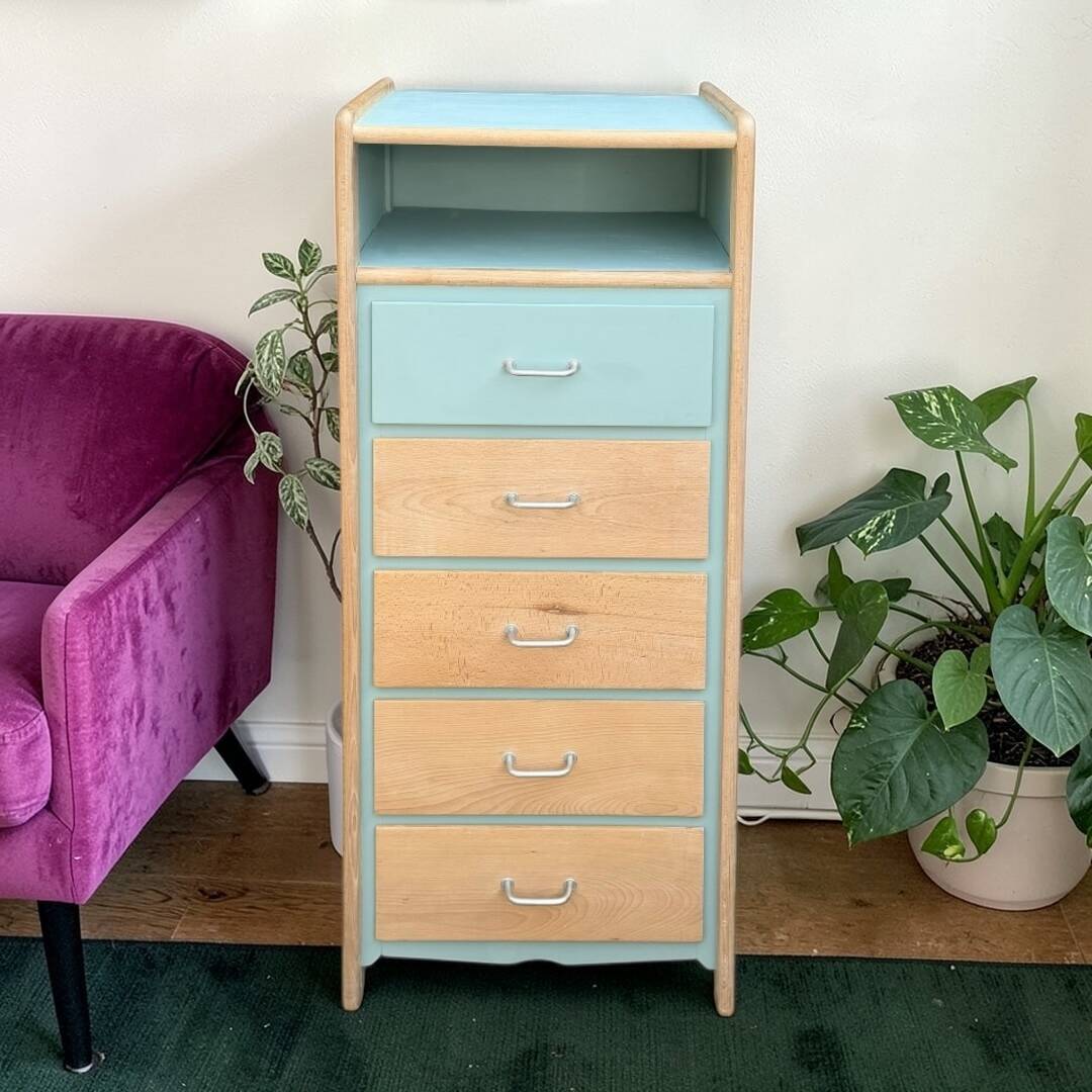 Vintage tall chest of drawers in raw wood and grey-blue from the 1950s.