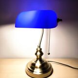 Lampe de banquier vintage en cristal bleu années 80