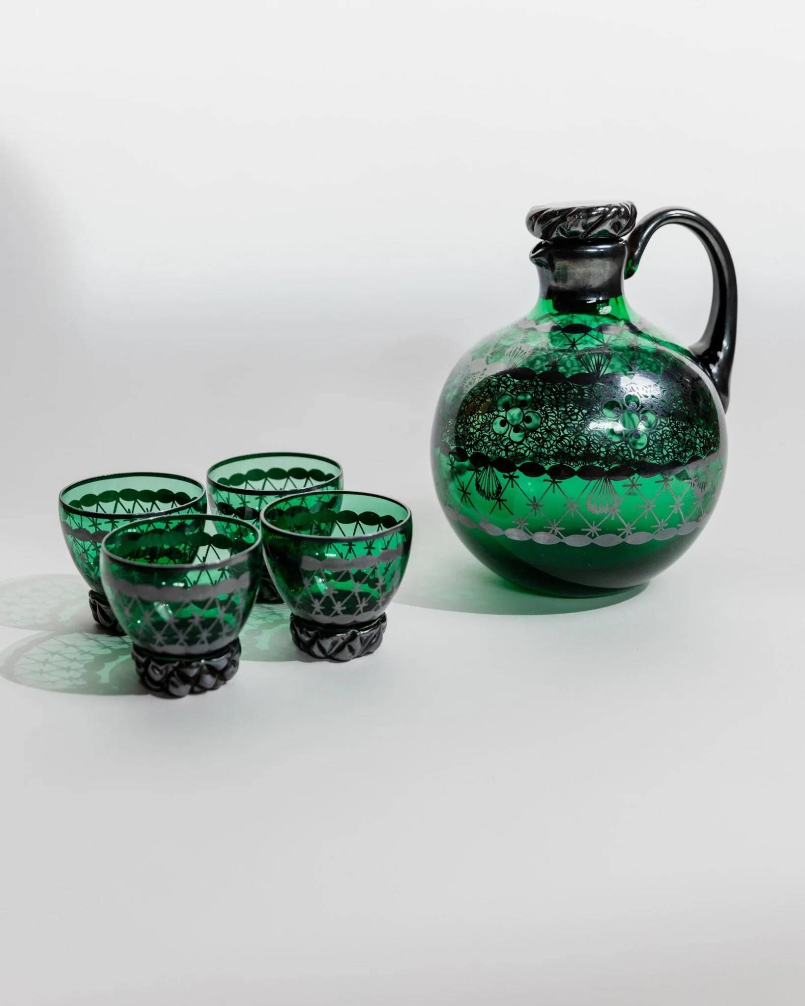 Vintage Murano Green Glass Liqueur Set with Hand-Painted Silver Decor – Decanter and Four Glasses, Italy, 1930s