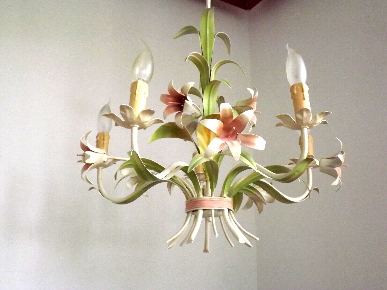 Vintage french 5 arm tied bouquet toleware chandelier pink lily flowers 4264