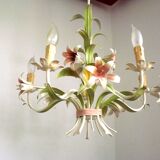 Vintage french 5 arm tied bouquet toleware chandelier pink lily flowers 4264