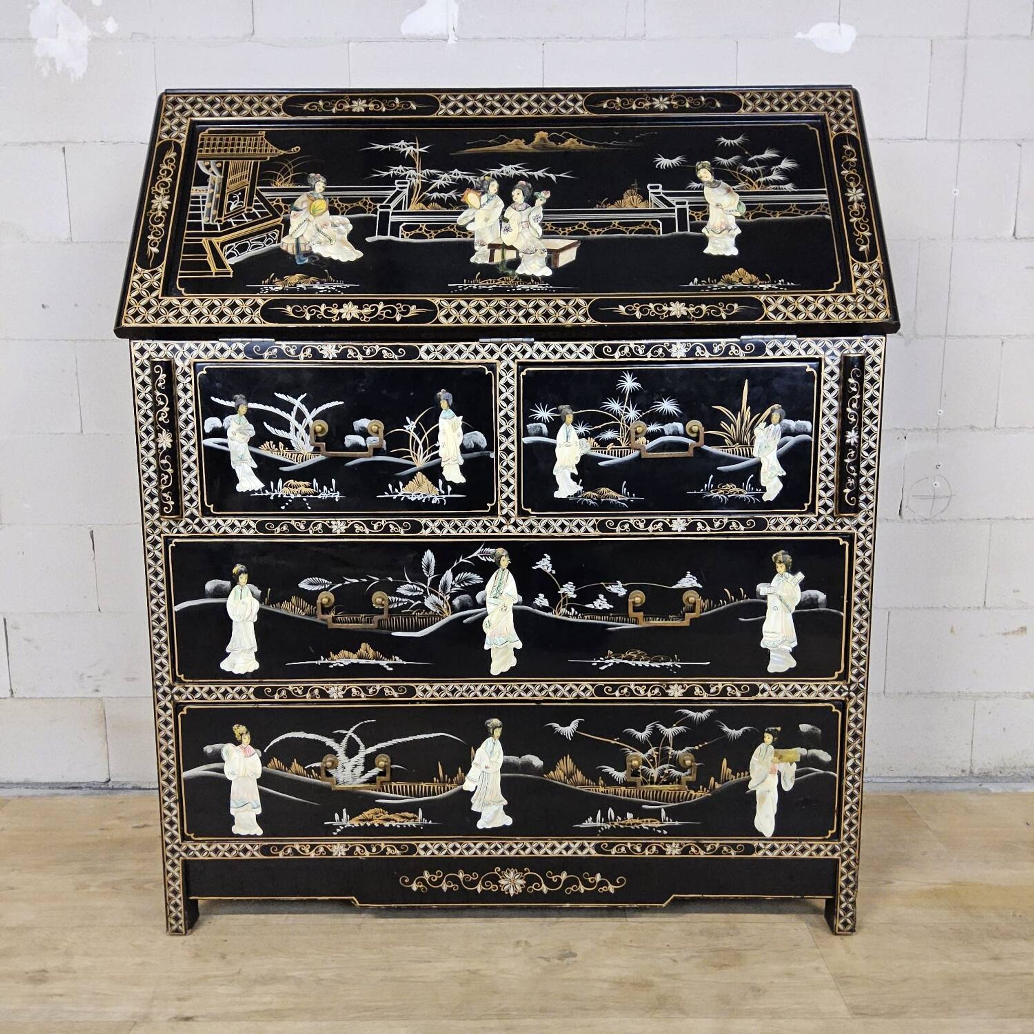 Vintage Chinese lacquer secretary desk with mother-of-pearl