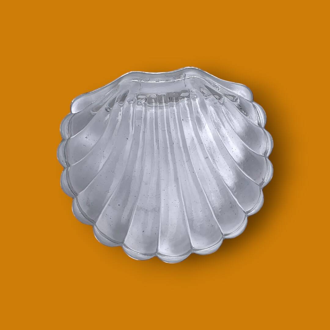 Vintage stainless steel and glass shell butter dish with knife