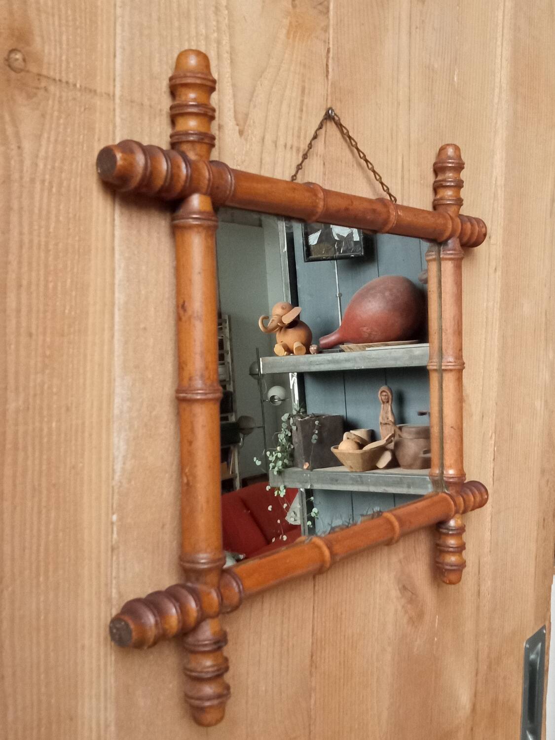 Turned wooden mirror imitation bamboo