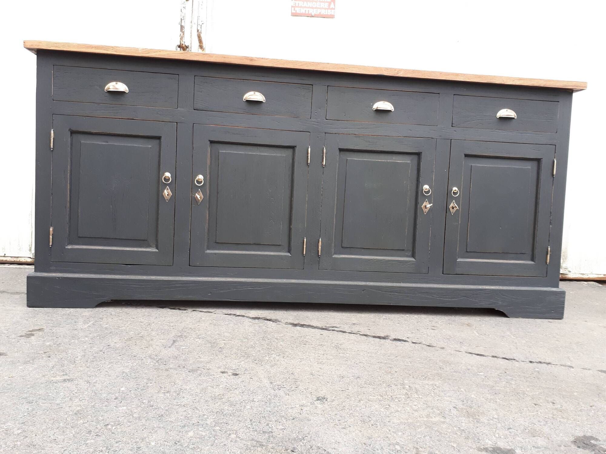 Industrial buffet four doors and four drawers black handles brushed brass patina