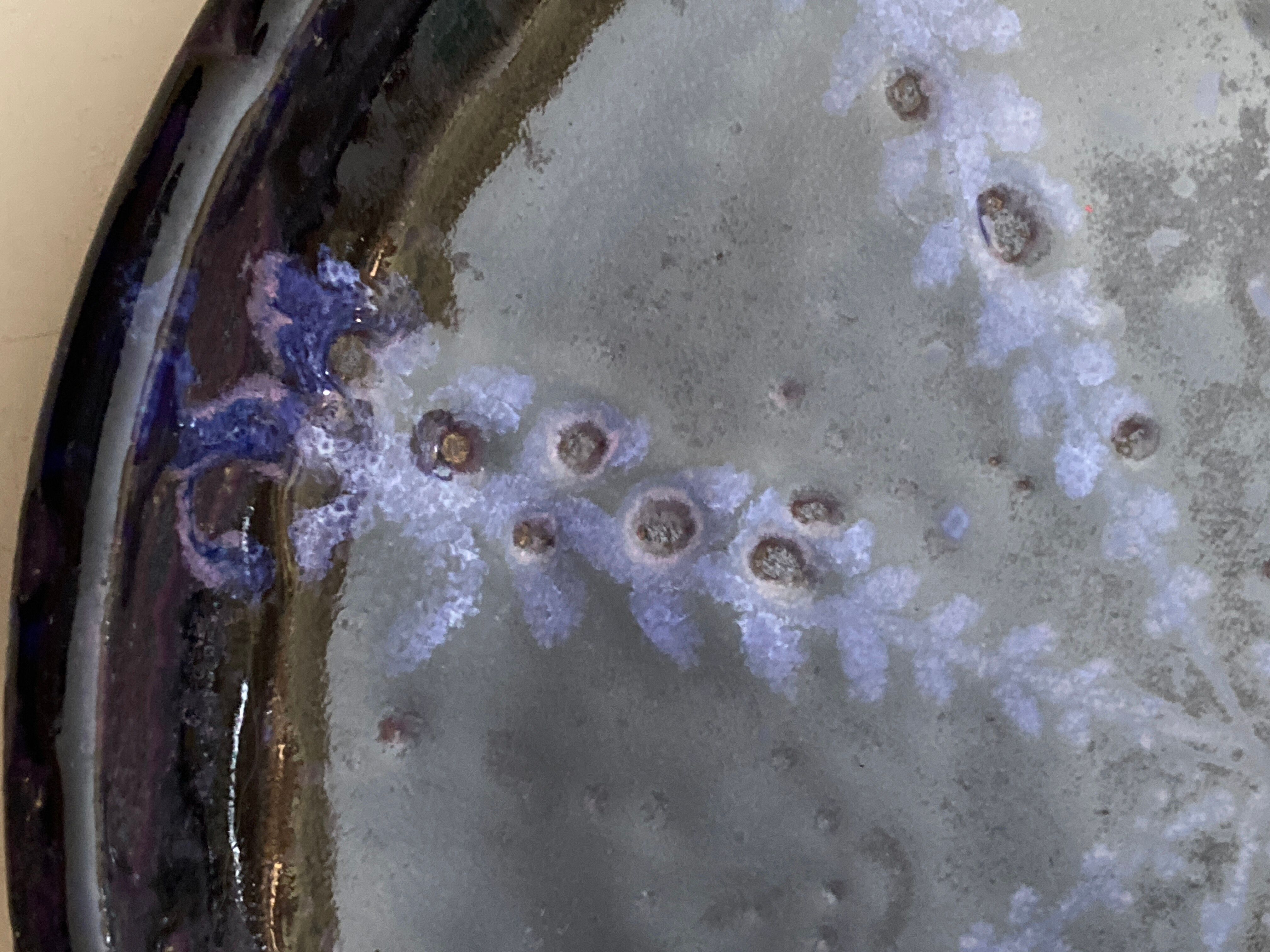 White terracotta dish enamelled with a blue sea urchin decoration