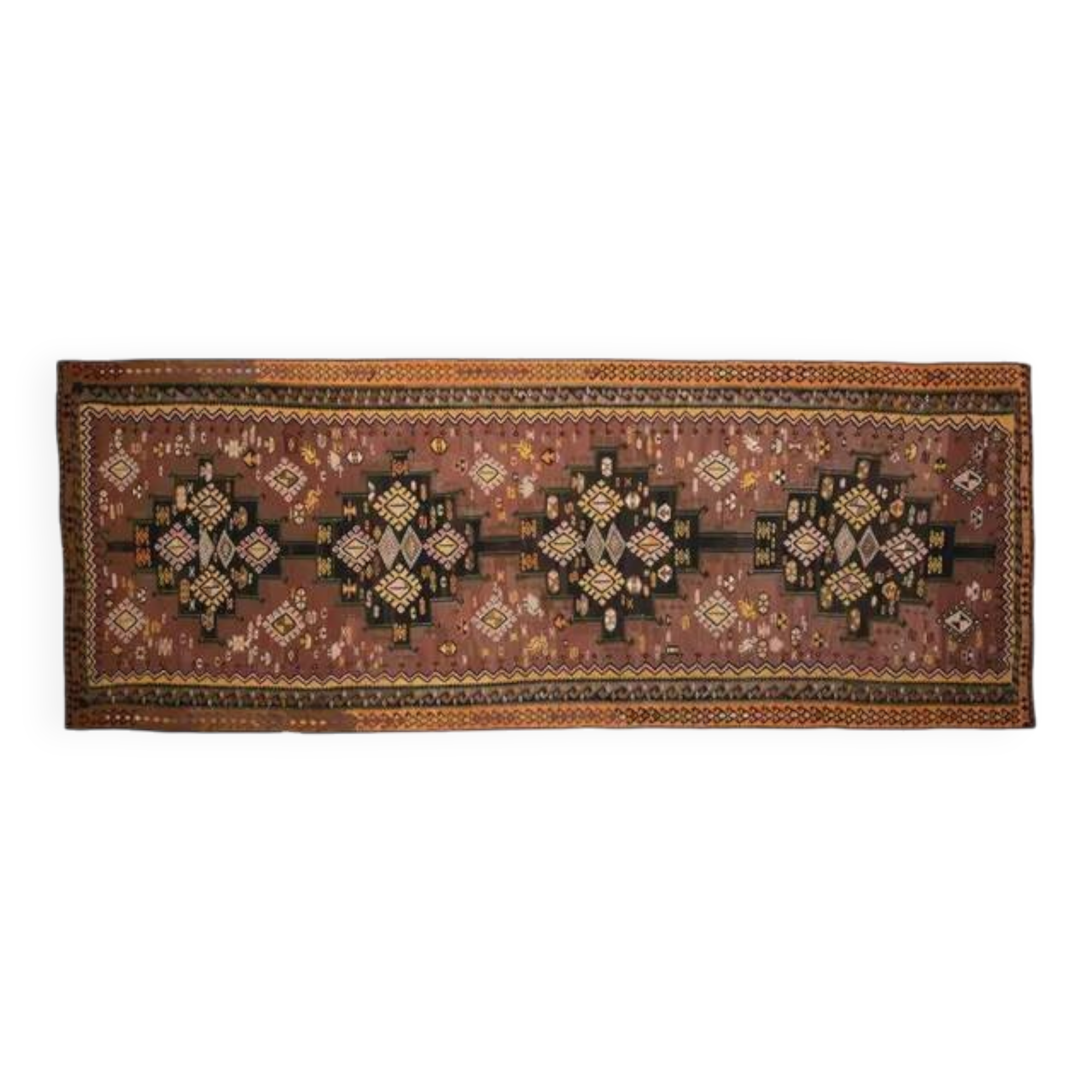 1970s Vintage Turkish Handmade Wool & Cotton Brown Runner Rug 178x475