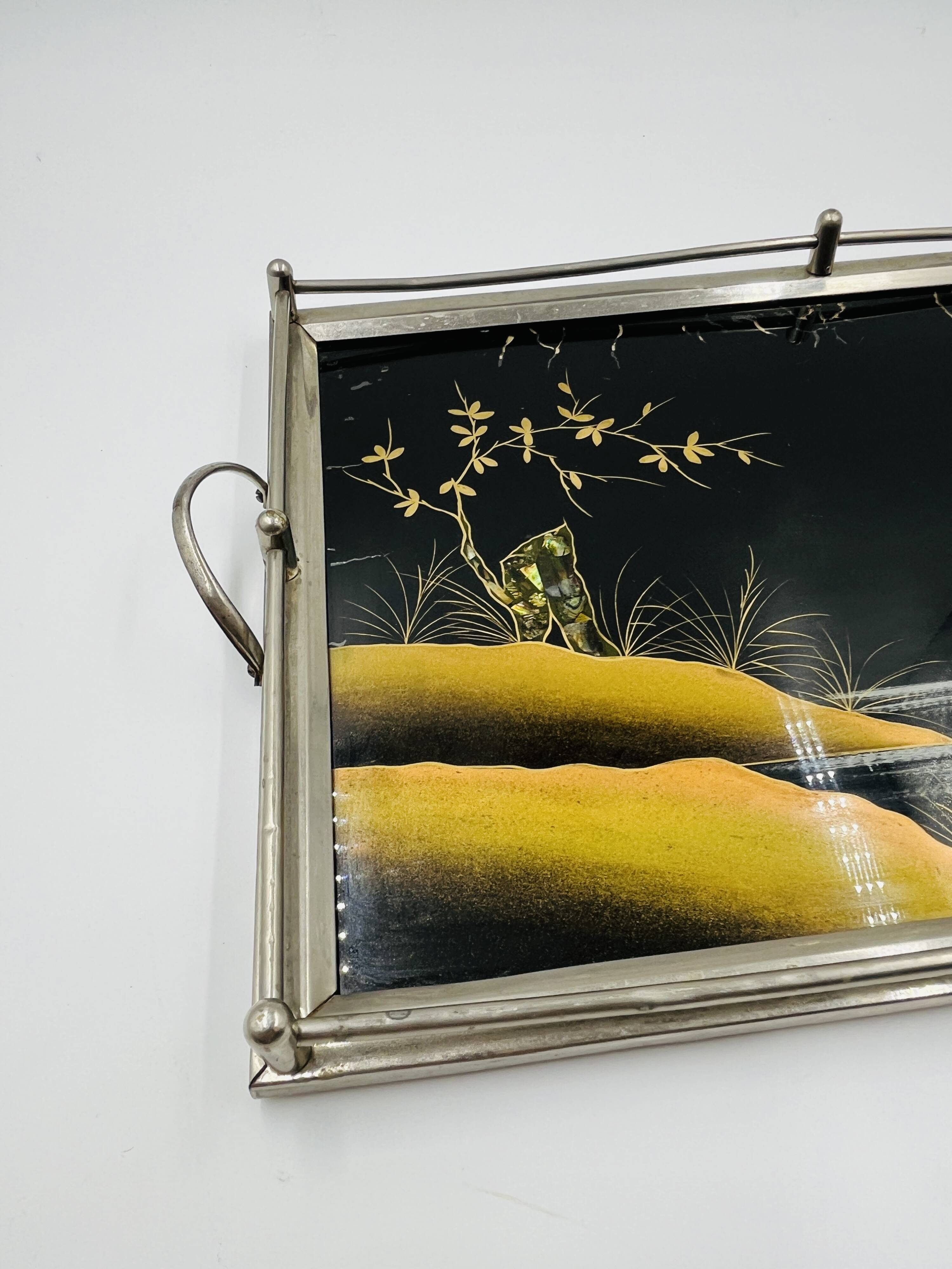 Plateau Art Déco en fixé sous verre et nacre